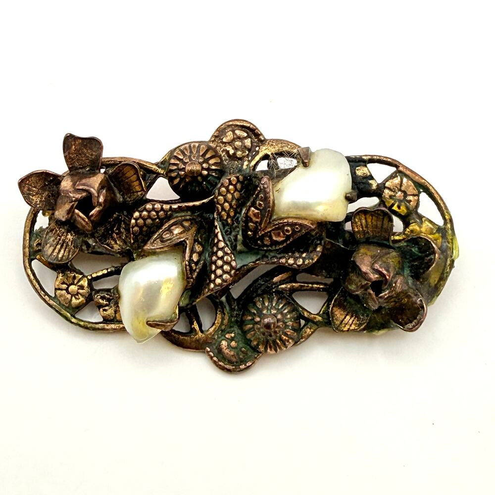 Antique Art Nouveau Filigree Gold Plated Pearl Floral Leaf Brooch Pin C Clasp